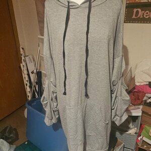 K+Glam Ruched Sleeve Hoodie Dress | Oversized Tunic | Heather Gray | Size L